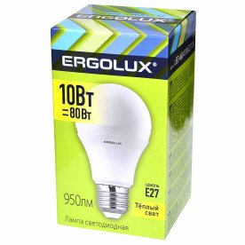 Лампа светодиодная Ergolux ЛОН Груша 10Вт E27 3000K 172-265В LED-A60-10W-E27-3K к/у