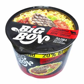 Лапша BigBon говядина+соус томатный с базиликом 85гр черная чаша